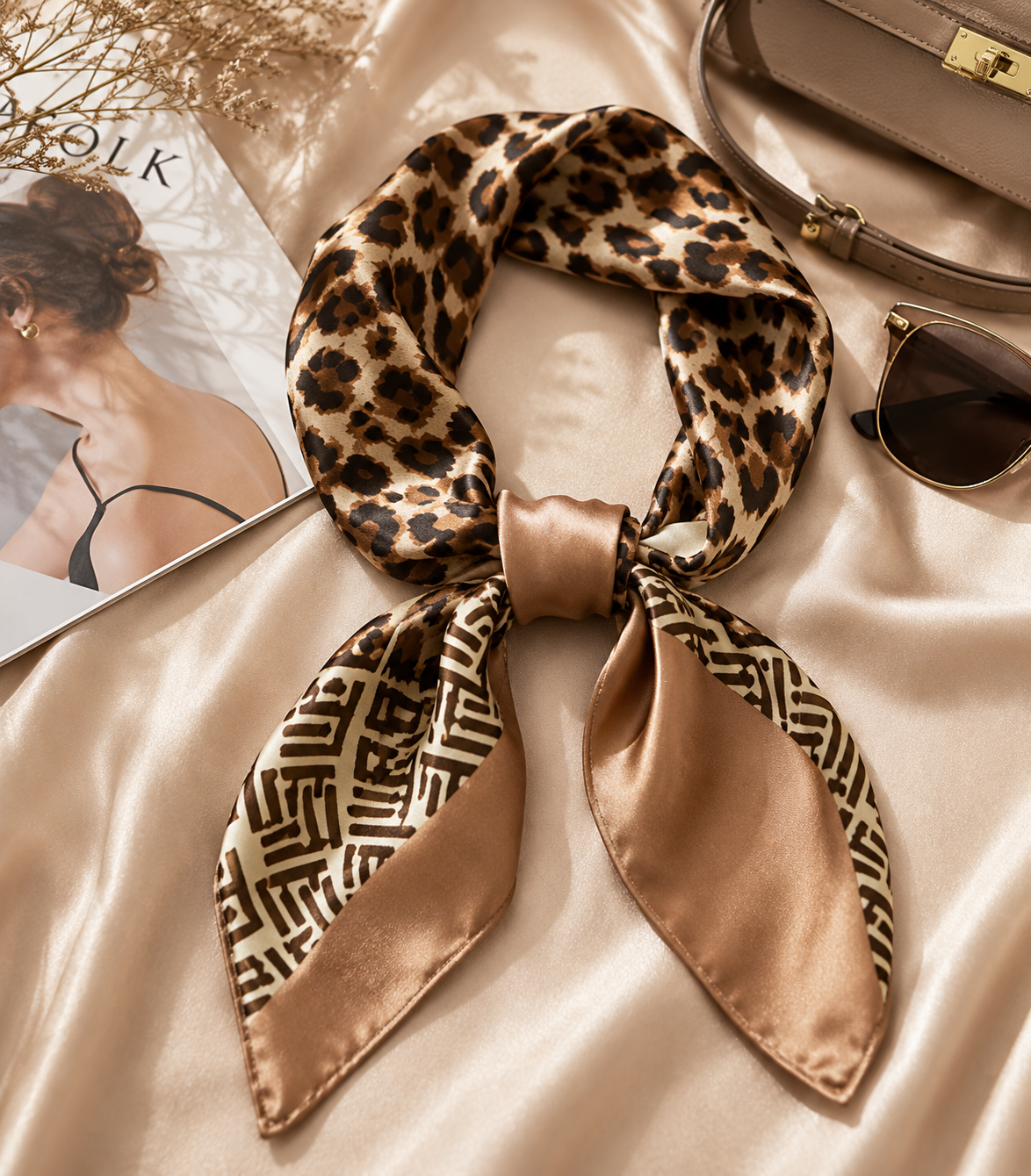 Shall Saten me Print Leopard – Elegant Kafe bezhe