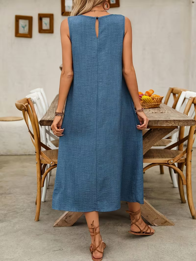 Fustan Midi AF Elegant pa Mëngë – Blu Denim