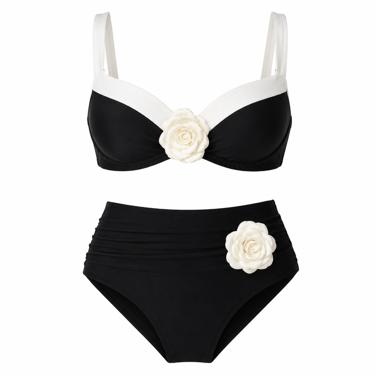 Set Bikini AF Bardh e Zi me Lule – Rroba Banje Dy-Pjesëshe