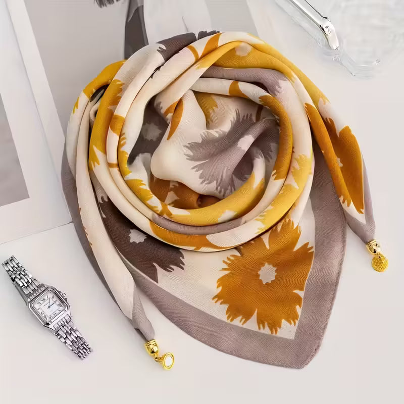 Shall Katror Viskozë me Print Gjethe Panje – Mustard & Kafe