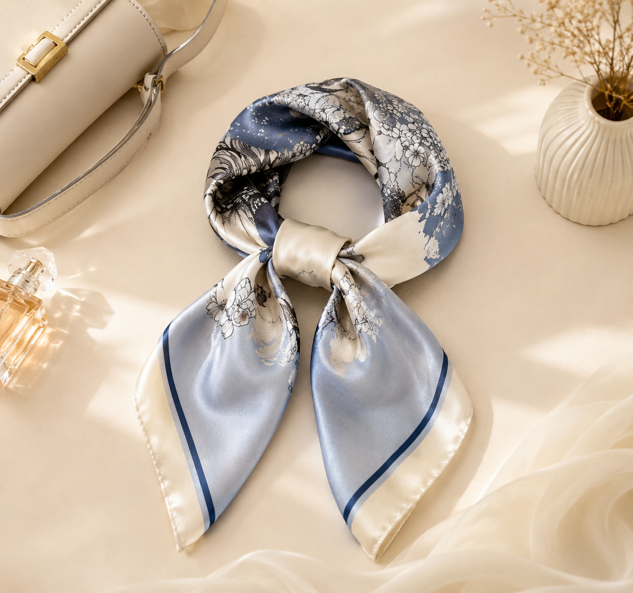 Shall Katror Saten me Print Floral – Blu & Krem