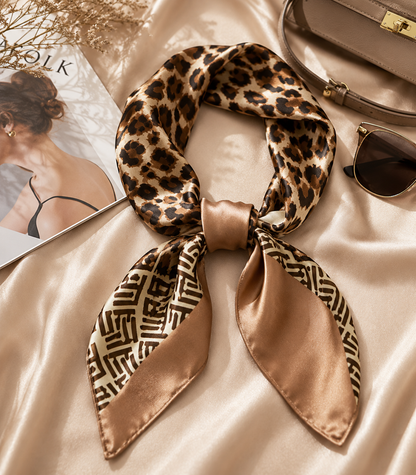 Shall Saten me Print Leopard – Elegant  Kafe bezhe