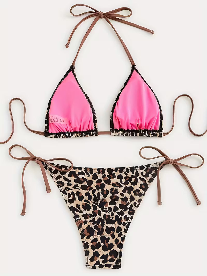 Set Bikini AF Leopard me Lidhëse – Rroba Banje Verore për Femra