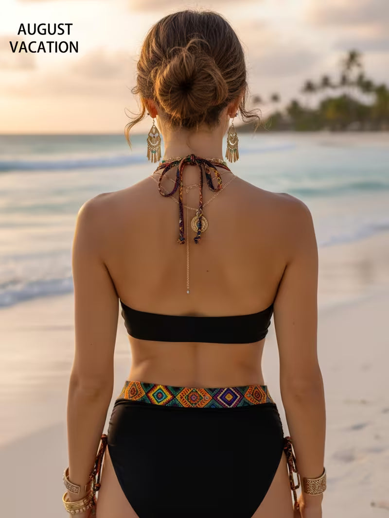 Bikini AF Boho Black – Rroba Banje Dy-Pjesëshe me Bel të Lartë