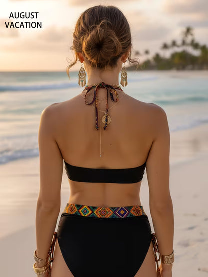Bikini AF Boho Black – Rroba Banje Dy-Pjesëshe me Bel të Lartë