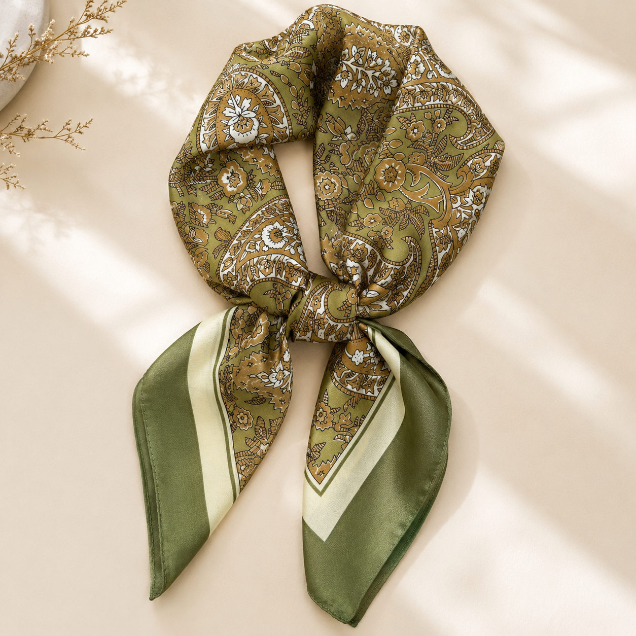 Shall Katror Saten me Print Paisley – Jeshil, Bezhë & Kafe