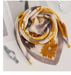 Shall Katror Viskozë me Print Gjethe Panje – Mustard & Kafe