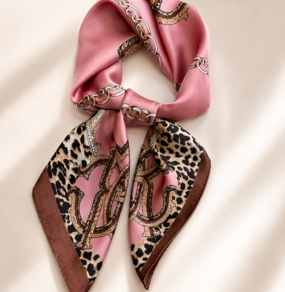 Shall Katror 100% Mëndafsh me Motive Florale, Leopard dhe Zinxhirë – Rozë